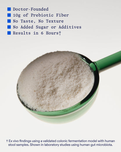 Powder in a green scoop with text about prebiotic fiber, no added sugar or additives, and results in 6 hours.